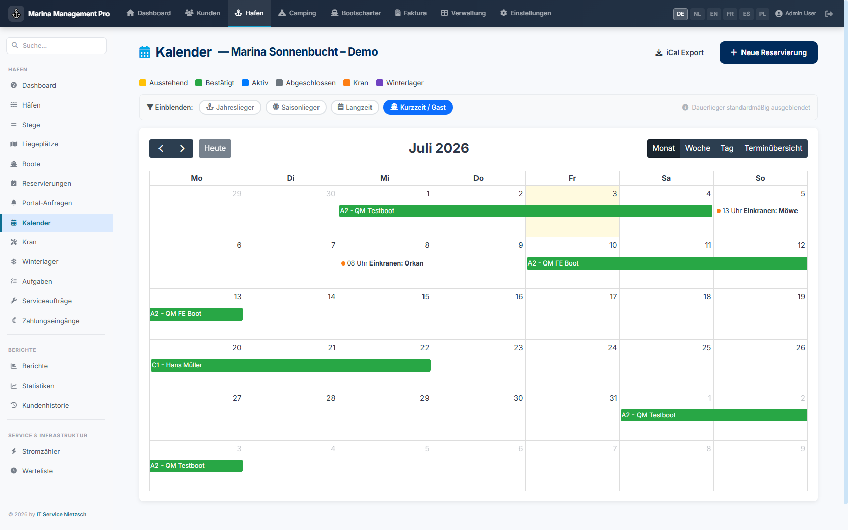 Winter storage and crane calendar in ITN Marina Management