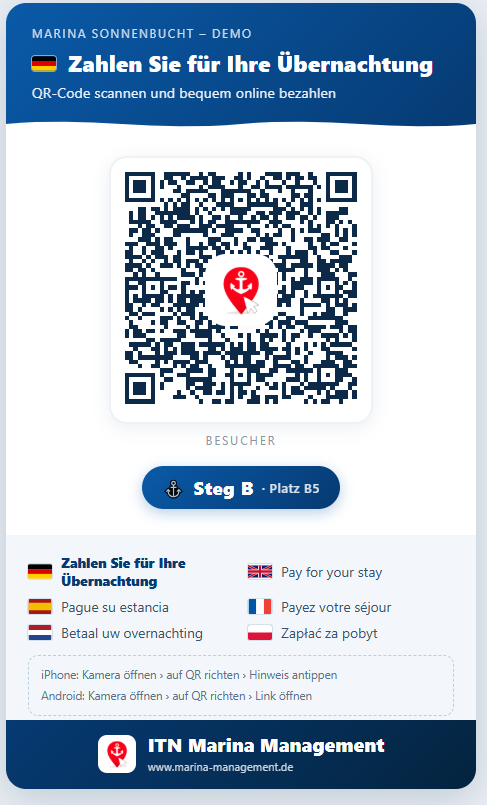 QR-kódos kihelyezés napi vendégeknek: „Fizessen az éjszakázásért", többnyelvű
